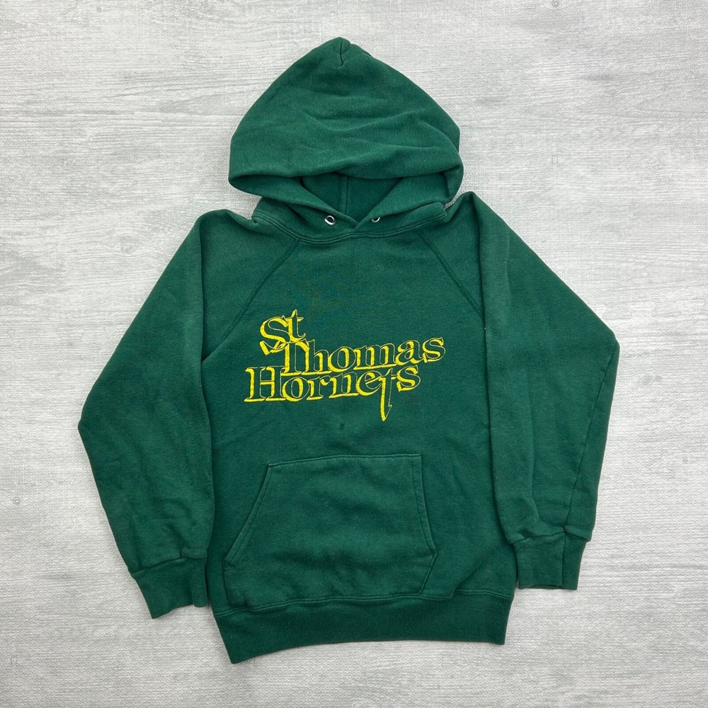 Vintage 80s Champion St Thomas Hornets Sweatshirt Size Small Green Hoodie USA